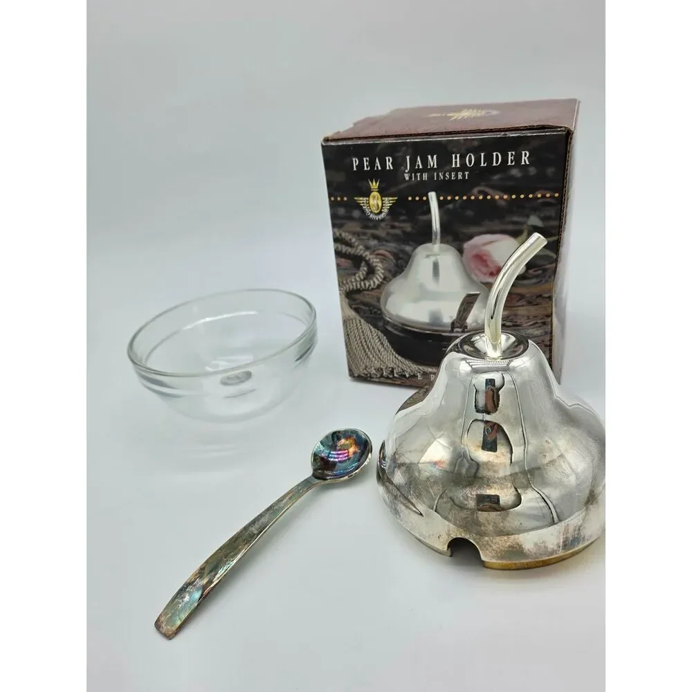 Vintage Studio Silversmiths Silver Plated Pear Jam Holder w/Spoon & Glass Insert